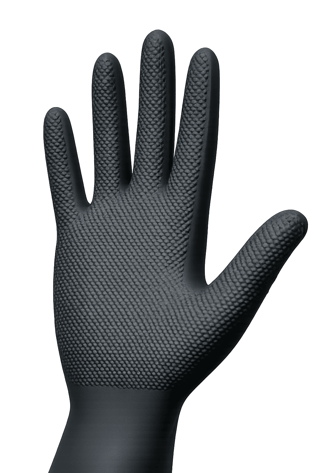 AUTOTOP black diamond-grip nitrile glove, palm view, on grey